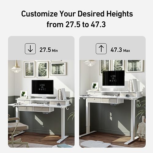 FEZIBO Sturdy Height Adjustable Electric Standing Desk with Drawers, 55 x 24 Inch Stand Up Table with Large Storage Shelf, Sit Stand Desk, White Top