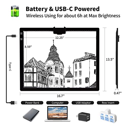 TOHETO A3 Rechargeable Led Bright Light Pad with Carry Bag, 6-Level and Stepless 3 Colors Dimming Brightness Light Box with Built-in Stand, Magnetic TOHETO