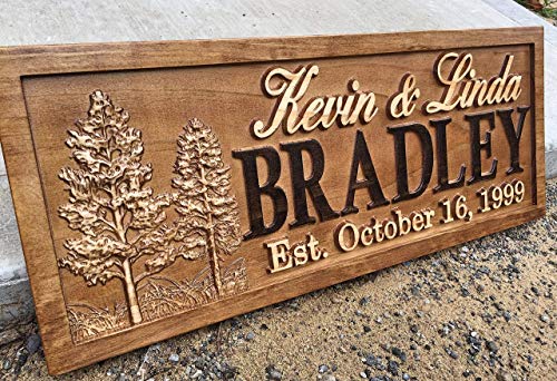 Rustic Wedding Signs Wood Wall Art Personalized Couples Gift Ideas Family Last Name Custom Name Sign Lakehouse Hunting Lodge Home Decor Tree Carved 3D Woodworker