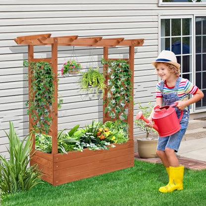 VINGLI Raised Garden Bed with Trellis & Hanging Roof, Wooden Garden Bed, Outdoor Planter Box for Yard, Garden, Balcony