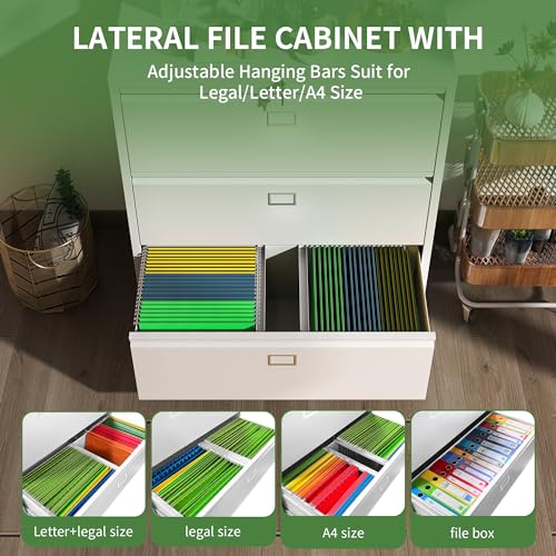 VIYET 4 Drawer Lateral File Cabinet with Lock,3 Drawer Metal Filing Cabinets, Home Office Storage Cabinet for Hanging Files Letter/Legal/F4/A4 VIYET