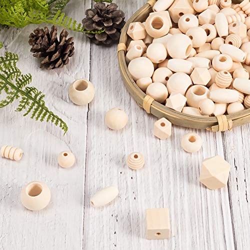 PandaHall 250~300pcs Assorted Natural Wooden Bead, Round/Cube/Polygon/Rondelle/Oval/Column Spacer Beads Unfinished Wood Loose Beads for Bracelet PH PandaHall
