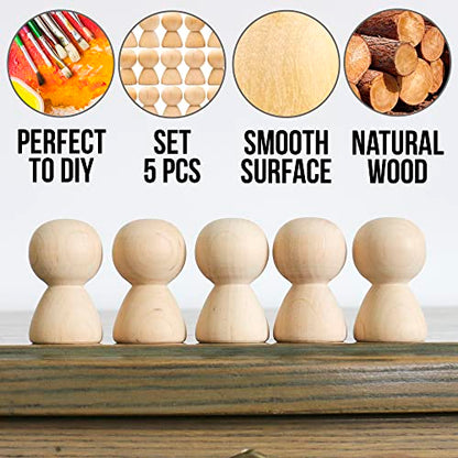 Wooden Peg Dolls Unfinished 2'' Set of 5 pcs - Wooden People Figurines for Crafts - DIY Wooden Pegs Doll