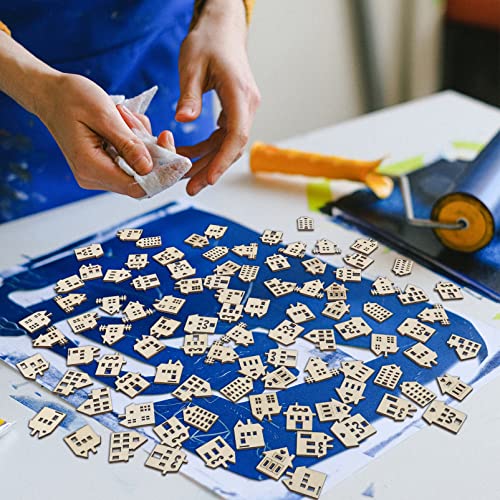 Toddmomy Craft Wood Pieces 100pcs Wooden House Shaped Embellishments Hanging Ornaments, Unfinished Wooden Houses Cutouts Ornaments for Painting,
