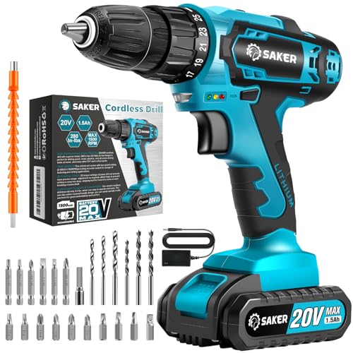 Saker Cordless Drill Set, 20V Electric Drill with Drill/Screwdriver Bits, 3/8-Inch Keyless Chuck, 2 Variable Speeds, 18+1 Torque Setting Battery Saker