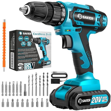 Saker Cordless Drill Set, 20V Electric Drill with Drill/Screwdriver Bits, 3/8-Inch Keyless Chuck, 2 Variable Speeds, 18+1 Torque Setting Battery Saker