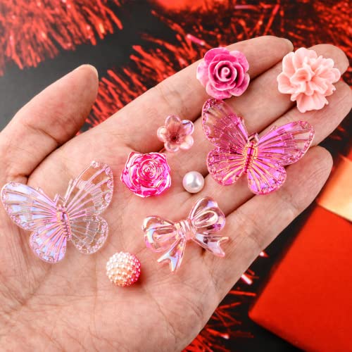 Kikonoke 350 Pieces 3D Resin ABS Colorful Rose Flower Bows Butterfly Charms with Flatback Half Round Pearl Beads for Bracelet Earring Necklace Craft - WoodArtSupply