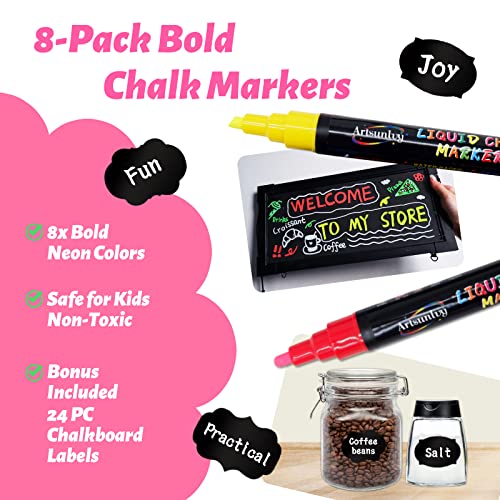Artsunlvy 8 Colors Chalk Markers,Erasable, Non-Toxic, Water-Based, Reversible Tips, Chalkboard Markers for Kids,Adults,Signs, Windows, Blackboard,Dry Artsunlvy