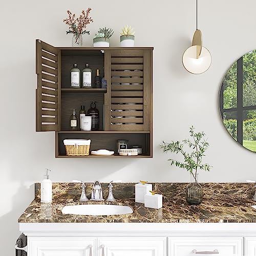 SMIBUY Bathroom Cabinet Wall Mounted, Bamboo Over-The-Toilet Storage Organizer, Space Saver Medicine Cabinet with 2 Door and Adjustable Shelves SMIBUY