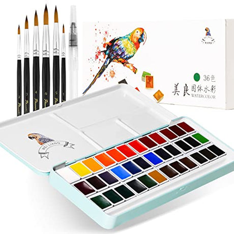 MeiLiang Watercolor Paint Set, 36 Colors in Portable Box with Metal Ring and 7 Paint Brushes, Art Supplies for Painting, Pretty Excellent Watercolor Paul Rubens