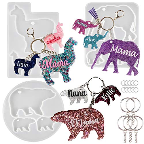 Mama and Baby Keychain Resin Silicone Molds Set with Key Chain Rings Alpaca Bear Elephant for Epoxy Jewelry Casting Kit 18-Count FUNSHOWCASE