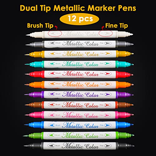 Sunshilor Dual Tip Metallic Marker Pens, Brush and Fine Point Pens for Black Paper, Rock Painting, Easter Egg, Halloween Pumpkin, Card Making, Metal, - WoodArtSupply