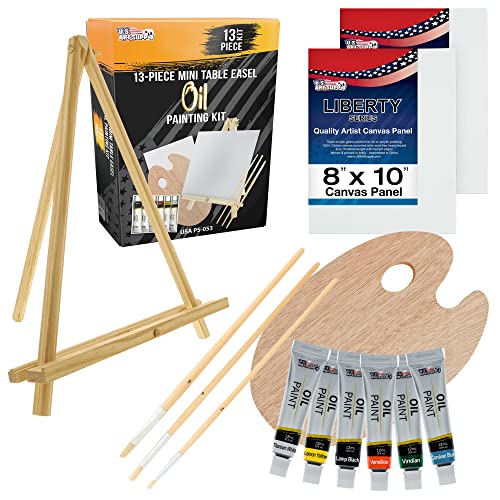 U.S. Art Supply 13-Piece Artist Painting Set with 6 Vivid Oil Paint Colors, 12" Easel, 2 Canvas Panels, 3 Brushes, Wood Painting Palette - Fun - WoodArtSupply