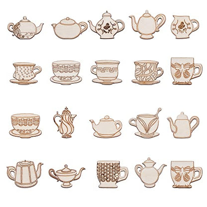 LiQunSweet 50 Pcs Wooden Cup & Teapot Cabochons Unfinished Wood Cutout Slice Pieces Embellishments for DIY Painting Project House Door Hanging