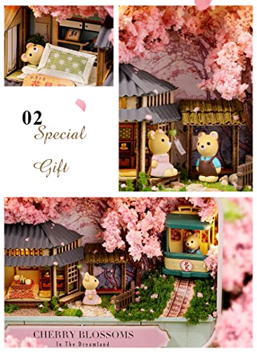 Kisoy Dollhouse Miniature with Furniture Kit, Handmade DIY House Model for Teens Adult Gift (Cherry Blossoms)