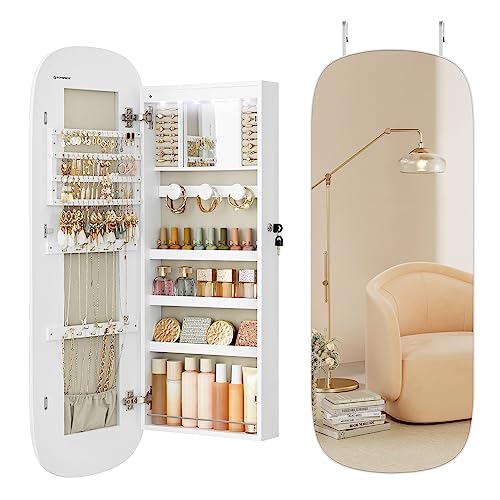 SONGMICS Jewelry Organizer, LED Jewelry Cabinet Wall/Door Mounted, Lockable Rounded Wide Mirror with Storage, Interior Mirror, White Surface with SONGMICS