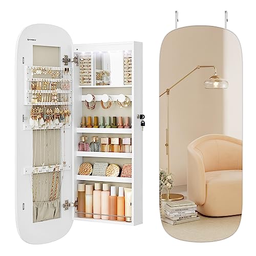 SONGMICS Jewelry Organizer, LED Jewelry Cabinet Wall/Door Mounted, Lockable Rounded Wide Mirror with Storage, Interior Mirror, White Surface with