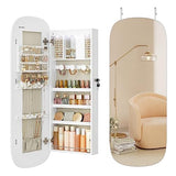SONGMICS Jewelry Organizer, LED Jewelry Cabinet Wall/Door Mounted, Lockable Rounded Wide Mirror with Storage, Interior Mirror, White Surface with SONGMICS