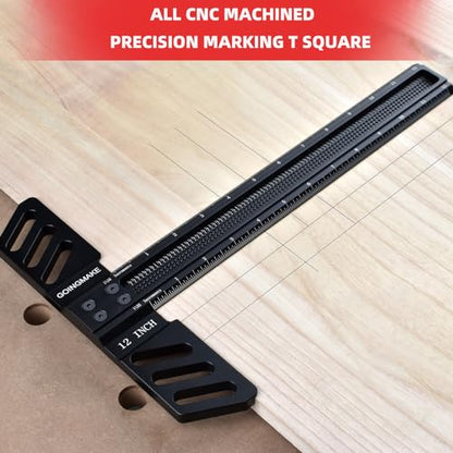 GOINGMAKE Woodworking T-Square 12 Inch Aluminum Alloy T Square Ruler 1/32" Hole Scrbing Guides Positioning Scribe Tool Precision Woodworking Ruler - WoodArtSupply