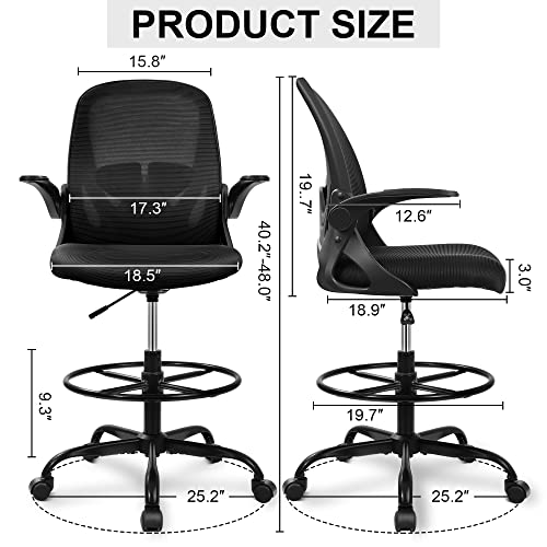 Primy Drafting Chair Tall Office Chair with Flip-up Armrests Executive Ergonomic Computer Standing Desk Chair with Lumbar Support and Adjustable - WoodArtSupply