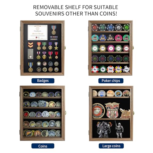 DecoWoodo Military Challenge Coin Display Case with HD Glass Door- 5 Rows Medal Display Case Cabinet Rack Shadow Box with Removable 2 Grooves Shelves DecoWoodo