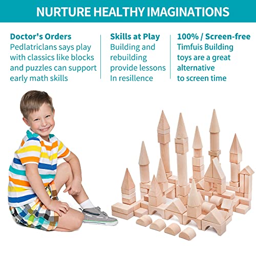 Timfuis Toddler Wooden Building Block Toys, 100 PCS Kids Natural Wood Stacking Blocks Set Standard Unit, Preschool Kindergarten Montessori Toy,