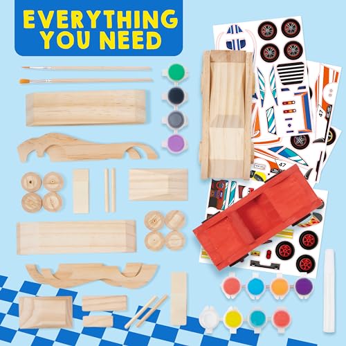 Klever Kits 4 DIY Wooden Race Cars-Build & Paint Your Own Wood Craft Kit, 4 Race Cars Toy, Easy to Assemble Arts Crafts Kit, Birthday Party Christmas