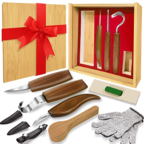 WAYCOM 12pcs Wood Whittling Kit Wood Carving Tools Set Hook Carving Knife,Detail Wood Knife,Whittling Knife Cut Resistant Gloves Leather Sheath And - WoodArtSupply