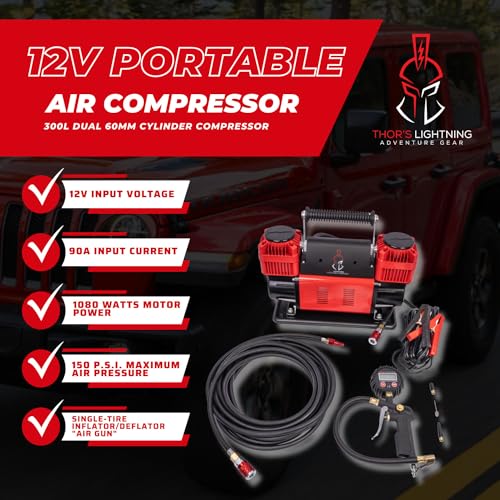 Thor's Lightning Bolt Portable 12v True Dual Air Compressor 10.6 CFM with Digital Pressure Gauge, Single-Tire Inflator/Deflator Air Gun Thor's Lightning Air Systems