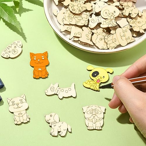 LiQunSweet 100 Pcs 9 Styles Random Animal Dog Puppy Blank Wooden Slices Charms Unfinished Wood Cutouts for Children Girl Boy DIY Craft Toy Painting