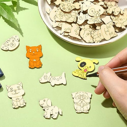 LiQunSweet 100 Pcs 9 Styles Random Animal Dog Puppy Blank Wooden Slices Charms Unfinished Wood Cutouts for Children Girl Boy DIY Craft Toy Painting