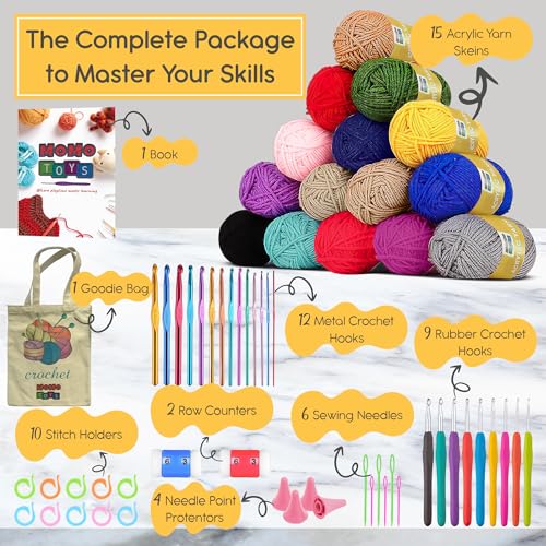 MOMOTOYS Beginner Crochet Kit w/ 130 Page Book, Crochet Yarn Set, Crochet Hook Kit & Crochet Needle Kit - Crochet Kits for Beginners - Crocheting Kit MOMOTOYS
