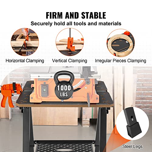 VEVOR Folding Work Table, 2-in-1 as Sawhorse & Workbench, 1000 lbs Capacity, 7 Adjustable Heights, Steel Legs, Portable Foldable Tool Stand with Wood VEVOR