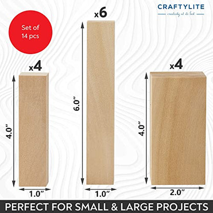 Craftylite Basswood Wood Carving Block Set of 14 Pcs - Premium Wood Carving Blocks Kit in 3 Sizes for Beginners and Professionals - Easy Handling