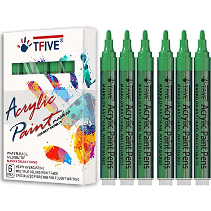Green Acrylic Paint Marker Pens - 2-3mm Medium Tip, 6 Pack Permanent Green Water Based Paint Pen for DIY Projects, Paintings for Rock, Fabric, Wood,
