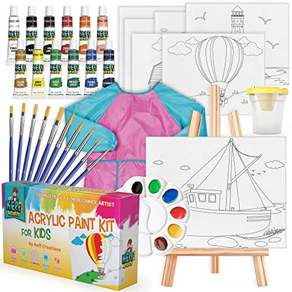 KEFF Kids Painting Set - Acrylic Paint Set for Kids, 32 Piece Non-Toxic Painting Supplies, Art Supplies Kit with Pre Drawn Canvases, Wooden Easel,