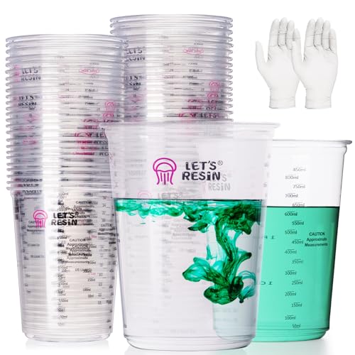 LET'S RESIN Resin Mixing Cups, 50pcs 32oz(1000ml) 2 Scales Accurate Paint Mixing Cup with Protective Gloves, Sturdy & Thick Disposable Measuring Cups