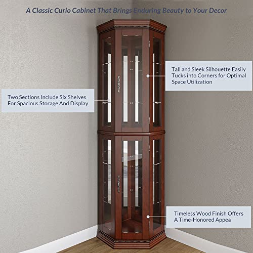 BELLEZE Lighted Wooden Corner Display Curio Cabinet, Two Section Shelving Unit with Tempered Glass Door, Bar and Liquor Storage Area with 6 Shelves - BELLEZE