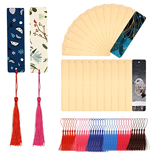 yueton 36pcs Rectangle Blank Wooden Bookmarks Wood Book Markers with 36pcs 6 Colors Tassels Unfinished Wood Hanging Tags Gift Tags - WoodArtSupply