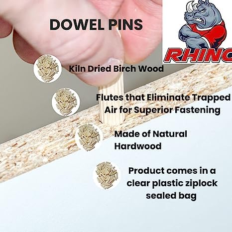 500 Pack 1/4" x 1 1/2" Wooden Dowel Pins Wood Kiln Dried Fluted and Beveled, Made of Hardwood Rhino Wood Industries