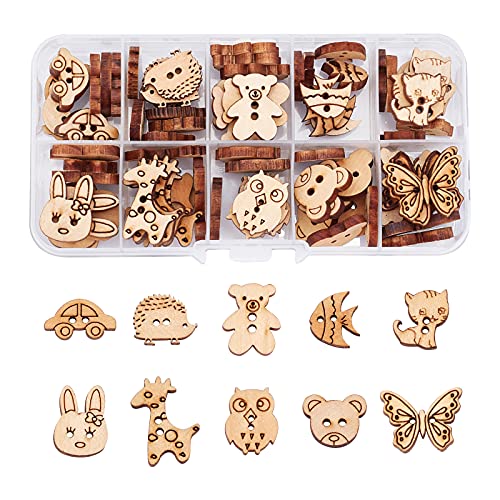 arricraft 100 Pcs Animal Style Wooden Sewing Buttons, 2-Hole Rabbit Butterfly Bear Sewing Buttons, Unfinished Wood Decorative Buttons for Sewing arricraft
