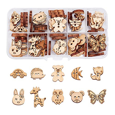 arricraft 100 Pcs Animal Style Wooden Sewing Buttons, 2-Hole Rabbit Butterfly Bear Sewing Buttons, Unfinished Wood Decorative Buttons for Sewing arricraft