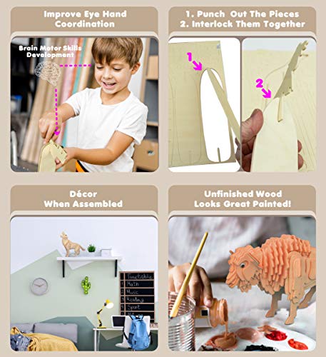 Puzzled Bundle of Owl, Wolf and Buffalo Wooden 3D Puzzle Construction Kits, Fun Unique and Educational DIY Wild Animals Toys Assemble Model Puzzled