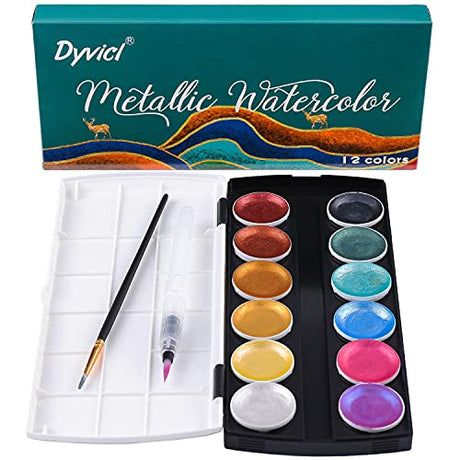 Dyvicl Glitter Metallic Watercolor Paint Set - 12 Assorted Colors, Portable Box with Water Brush, Sparkle Metallic Accents for Black Paper Drawing, Dyvicl