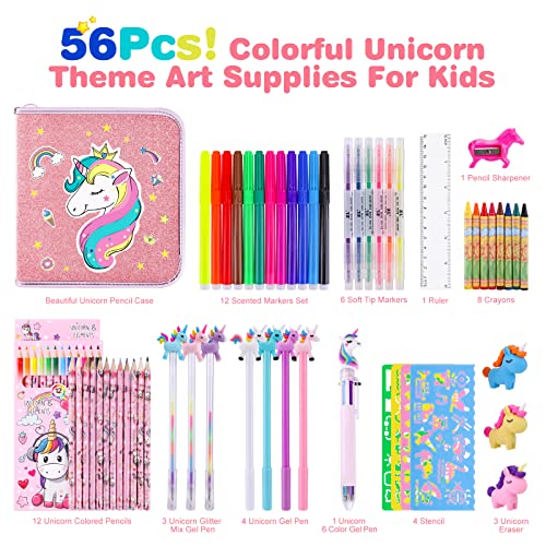 Unicorn Fruit Scented Markers Set 56 Pcs, Art Supplies for Kids 4-6-8, Arts