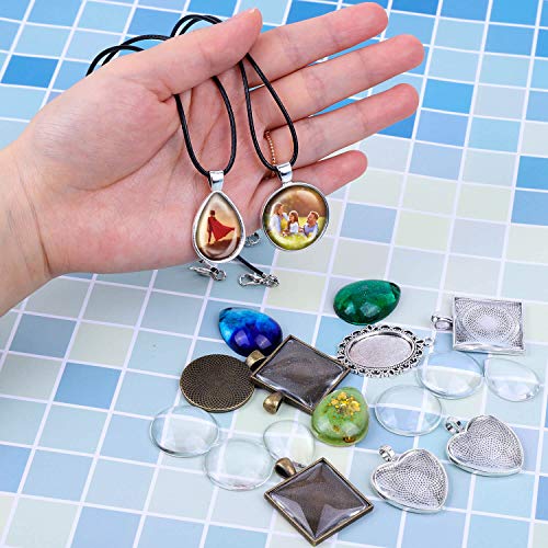 ToBeIT Bezel Pendant Trays Round Wooden and Glass Cabochon Round Clear Dome  for DIY Crafting Photo Jewelry Making