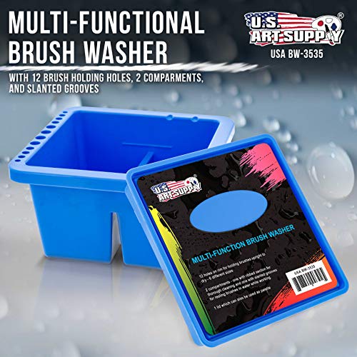 U.S. Art Supply 12 Hole Multi-Function Plastic Brush Washer, Cleaner and Holder with Palette Lid - Clean, Dry, Rest, Store, Hold Artist Paint Brushes