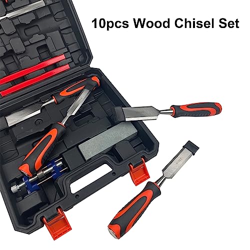 TR TOOLROCK 10pcs Wood Chisel Set, 6pcs Premium Wood Chisel with Honing Guide, Heat-Treated 60 Cr-V, Sharpening Stone and Carpenter Pencils - WoodArtSupply