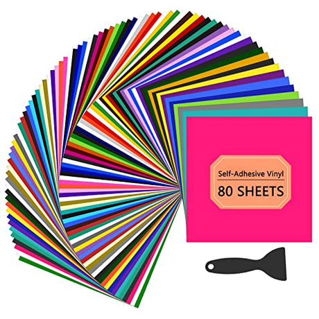 HTVRONT Permanent Vinyl for Cricut Machine-80 Pack Permanent Adhesive Vinyl Sheets, 45 Assorted Colors Permanent Vinyl Bundle for Cricut, Silhouette, HTVRONT