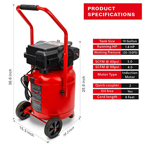 Craftsman Air Compressor, 10 Gallon Peak 1.8 Horsepower Oil-free Compressor, Max 150 PSI, Vertical Compressor Air Tools, Model: CMXECXA0331042 Craftsman